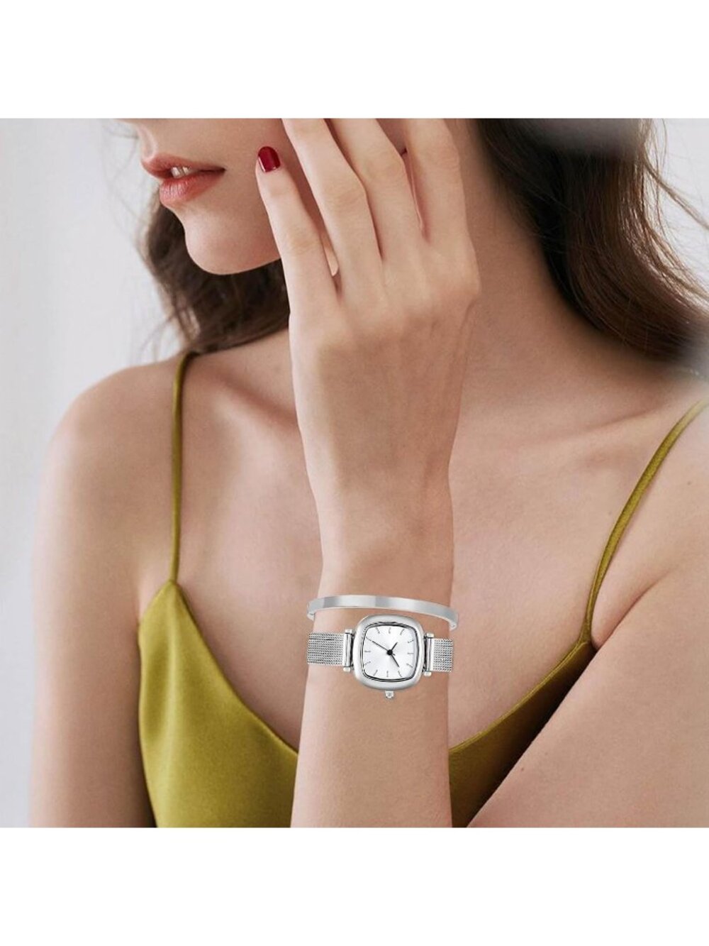 Women's Silver Mesh Band Stainless Steel Plated Square Bangle Bracelet Watch - Picture 7 of 7